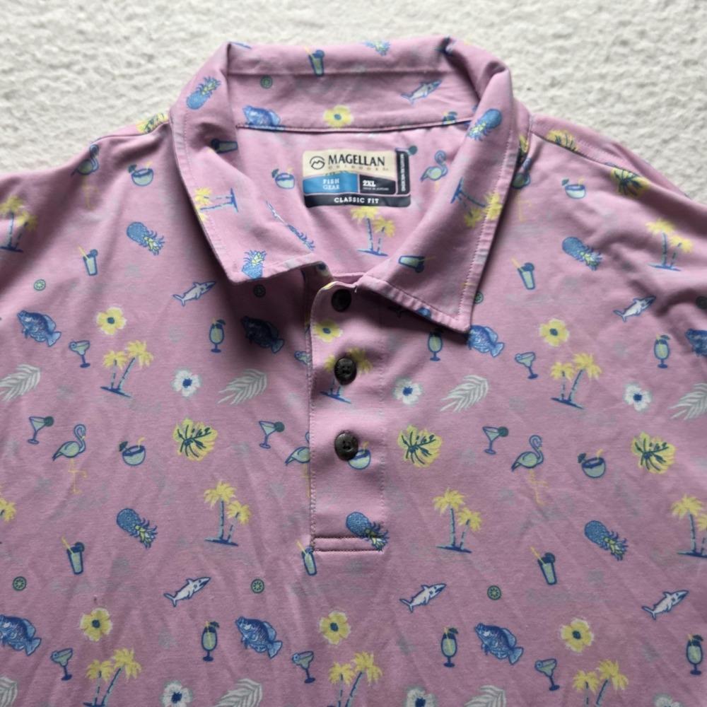 Magellan Outdoors Fish Gear Polo Shirt Mens 2XL Pink Tropical Beach Graphic Top